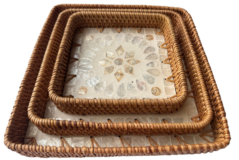 Square Rattan Tray with Mother of Pearl Inlay Base, Handmade Woven Serving Tray, Boho Coastal Coffee Table Decor 104
