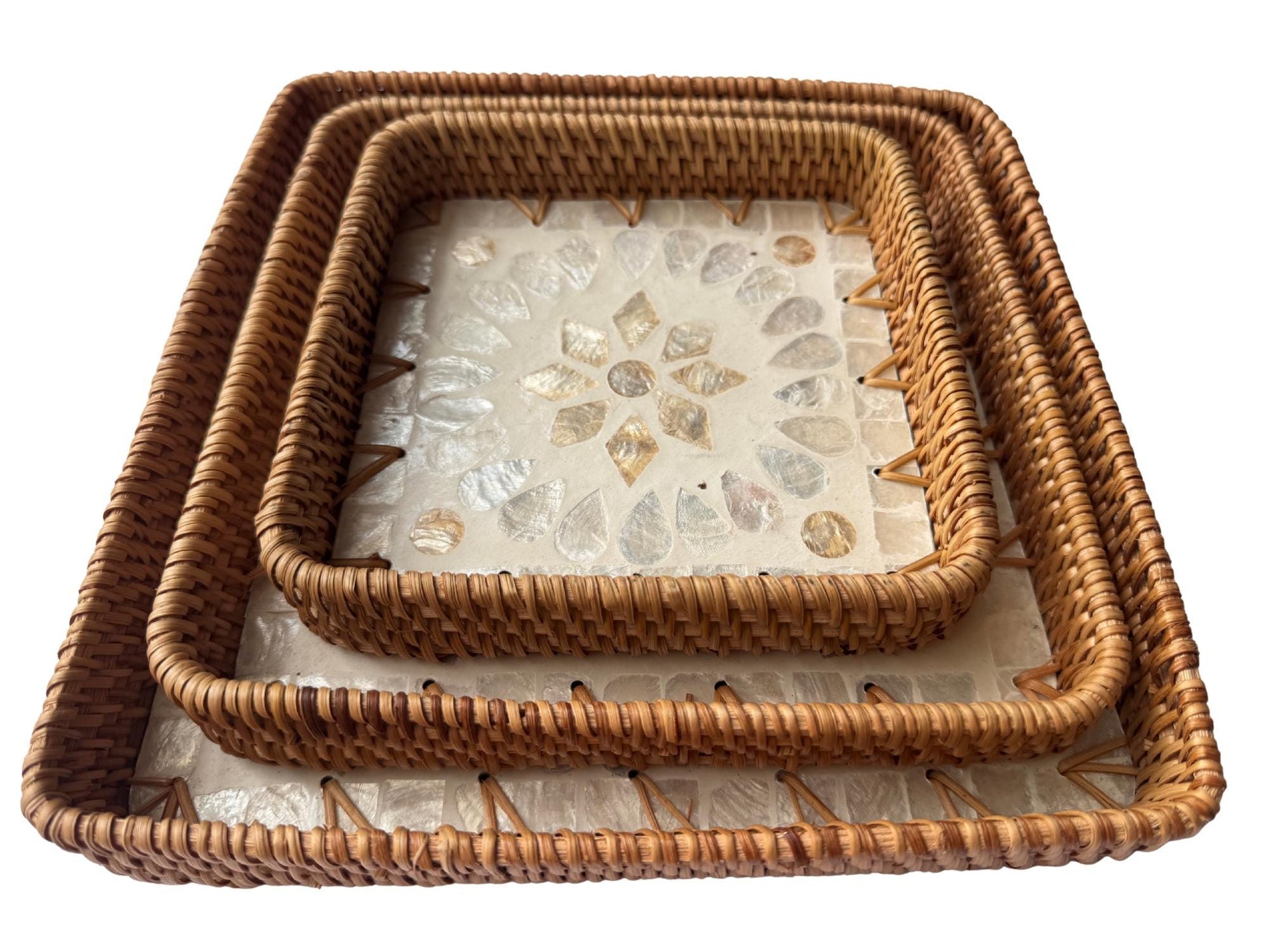 Square Rattan Tray with Mother of Pearl Inlay Base, Handmade Woven Serving Tray, Boho Coastal Coffee Table Decor 104