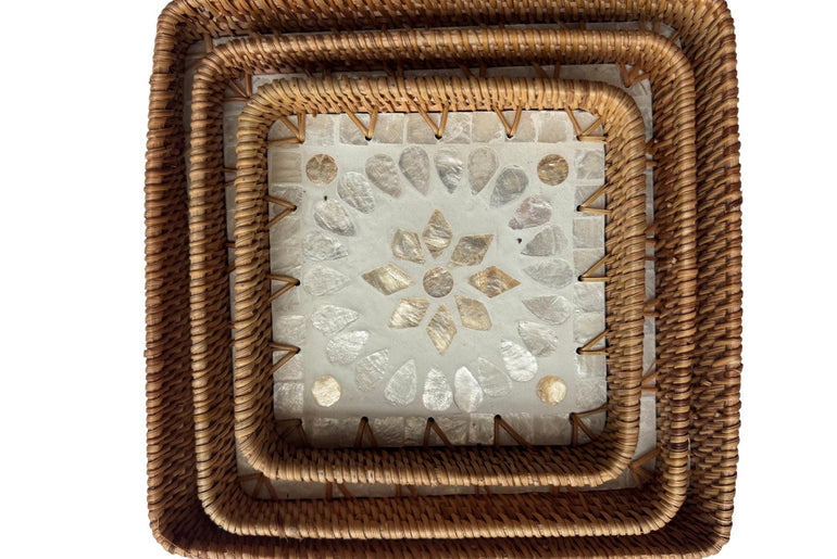 Square Rattan Tray with Mother of Pearl Inlay Base, Handmade Woven Serving Tray, Boho Coastal Coffee Table Decor 104