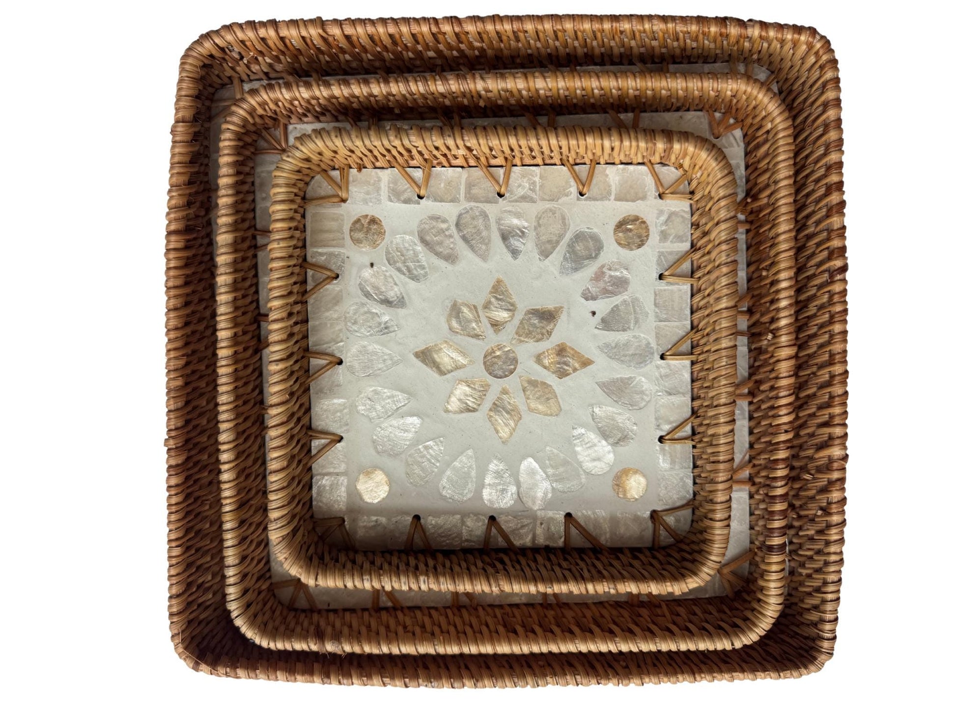 Square Rattan Tray with Mother of Pearl Inlay Base, Handmade Woven Serving Tray, Boho Coastal Coffee Table Decor 104