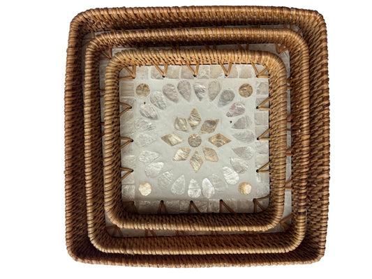 Square Rattan Tray with Mother of Pearl Inlay Base, Handmade Woven Serving Tray, Boho Coastal Coffee Table Decor 104