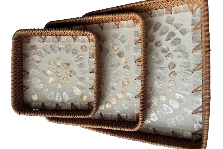 Square Rattan Tray with Mother of Pearl Inlay Base, Handmade Woven Serving Tray, Boho Coastal Coffee Table Decor 104