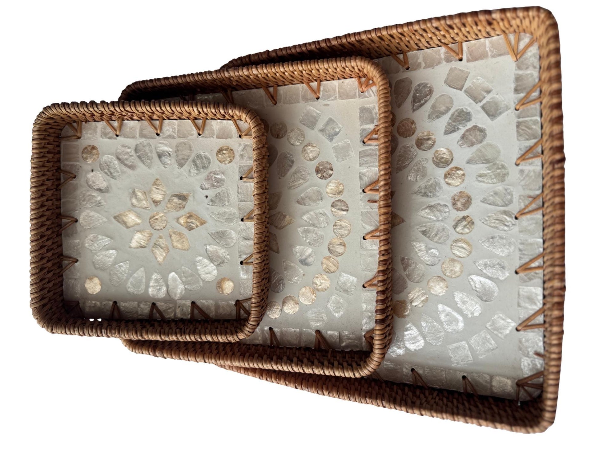 Square Rattan Tray with Mother of Pearl Inlay Base, Handmade Woven Serving Tray, Boho Coastal Coffee Table Decor 104