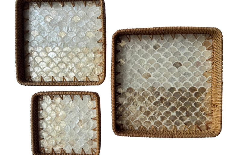 Square Rattan Tray with Mother of Pearl Inlay Base, Handmade Woven Serving Tray, Boho Coastal Coffee Table Decor 125