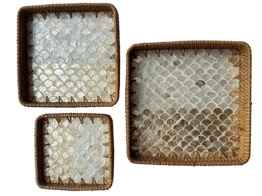 Square Rattan Tray with Mother of Pearl Inlay Base, Handmade Woven Serving Tray, Boho Coastal Coffee Table Decor 125