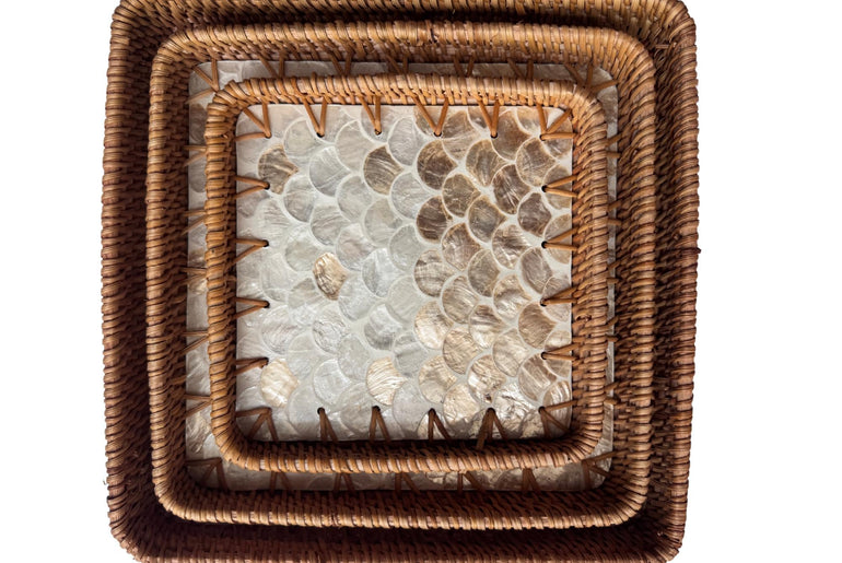 Square Rattan Tray with Mother of Pearl Inlay Base, Handmade Woven Serving Tray, Boho Coastal Coffee Table Decor 125