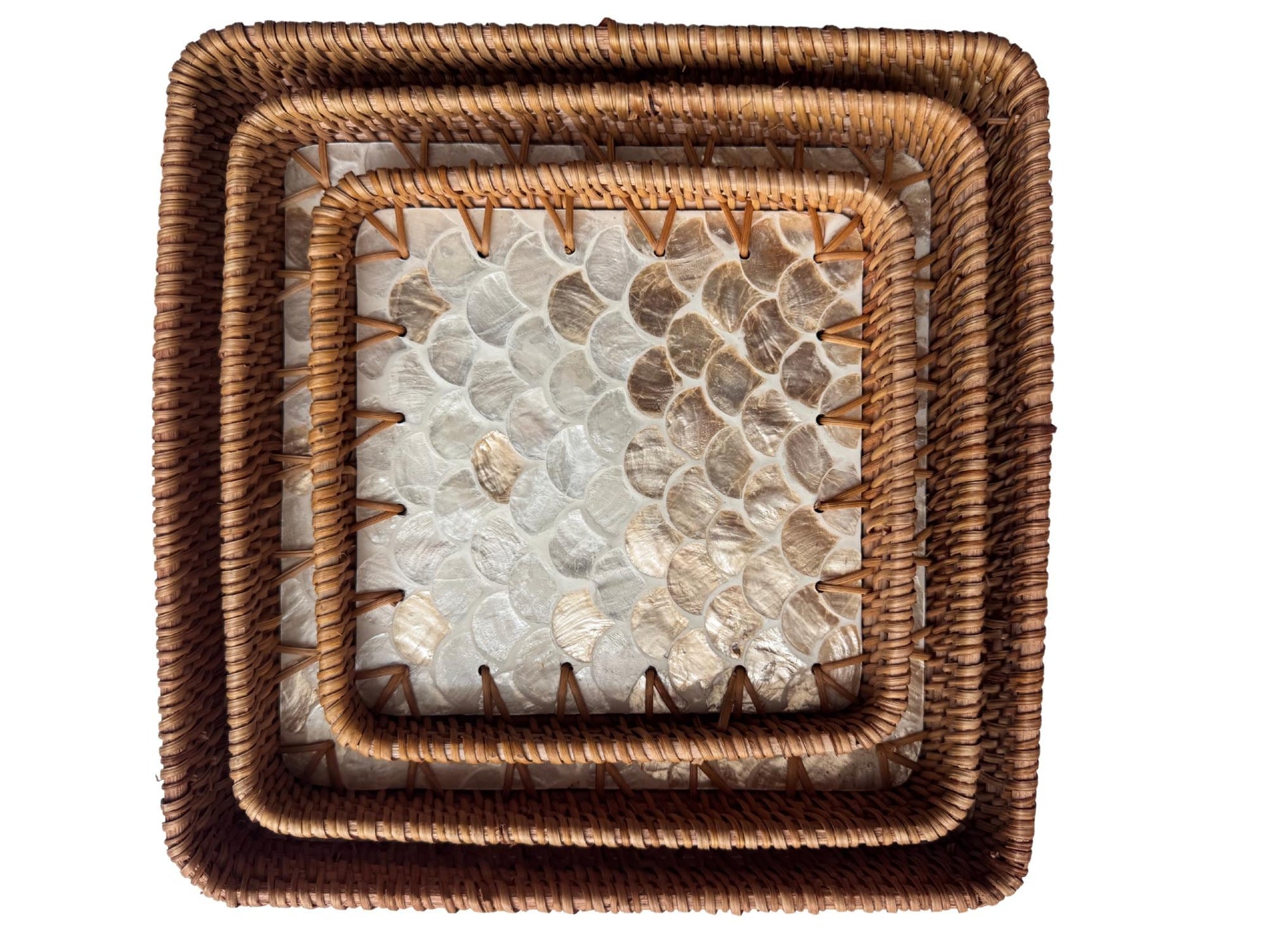 Square Rattan Tray with Mother of Pearl Inlay Base, Handmade Woven Serving Tray, Boho Coastal Coffee Table Decor 125
