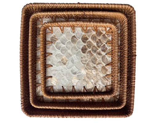 Square Rattan Tray with Mother of Pearl Inlay Base, Handmade Woven Serving Tray, Boho Coastal Coffee Table Decor 125