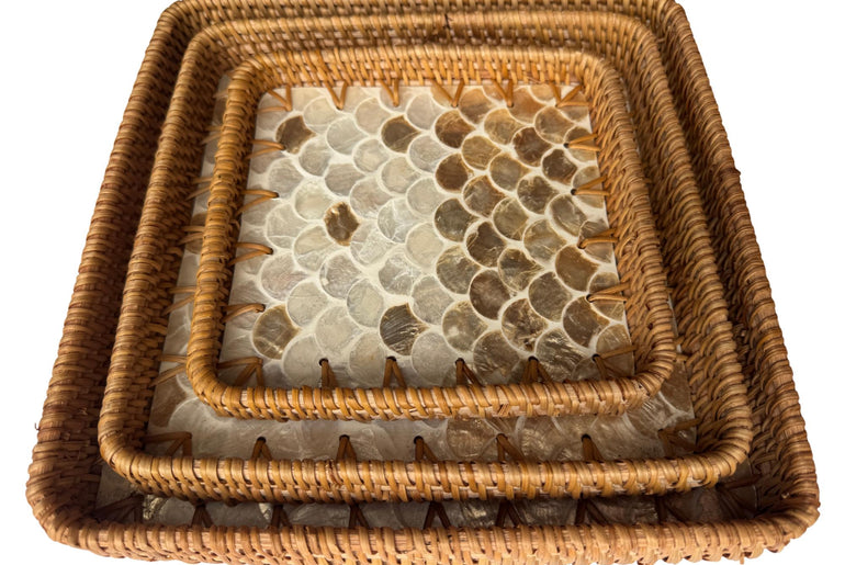 Square Rattan Tray with Mother of Pearl Inlay Base, Handmade Woven Serving Tray, Boho Coastal Coffee Table Decor 125