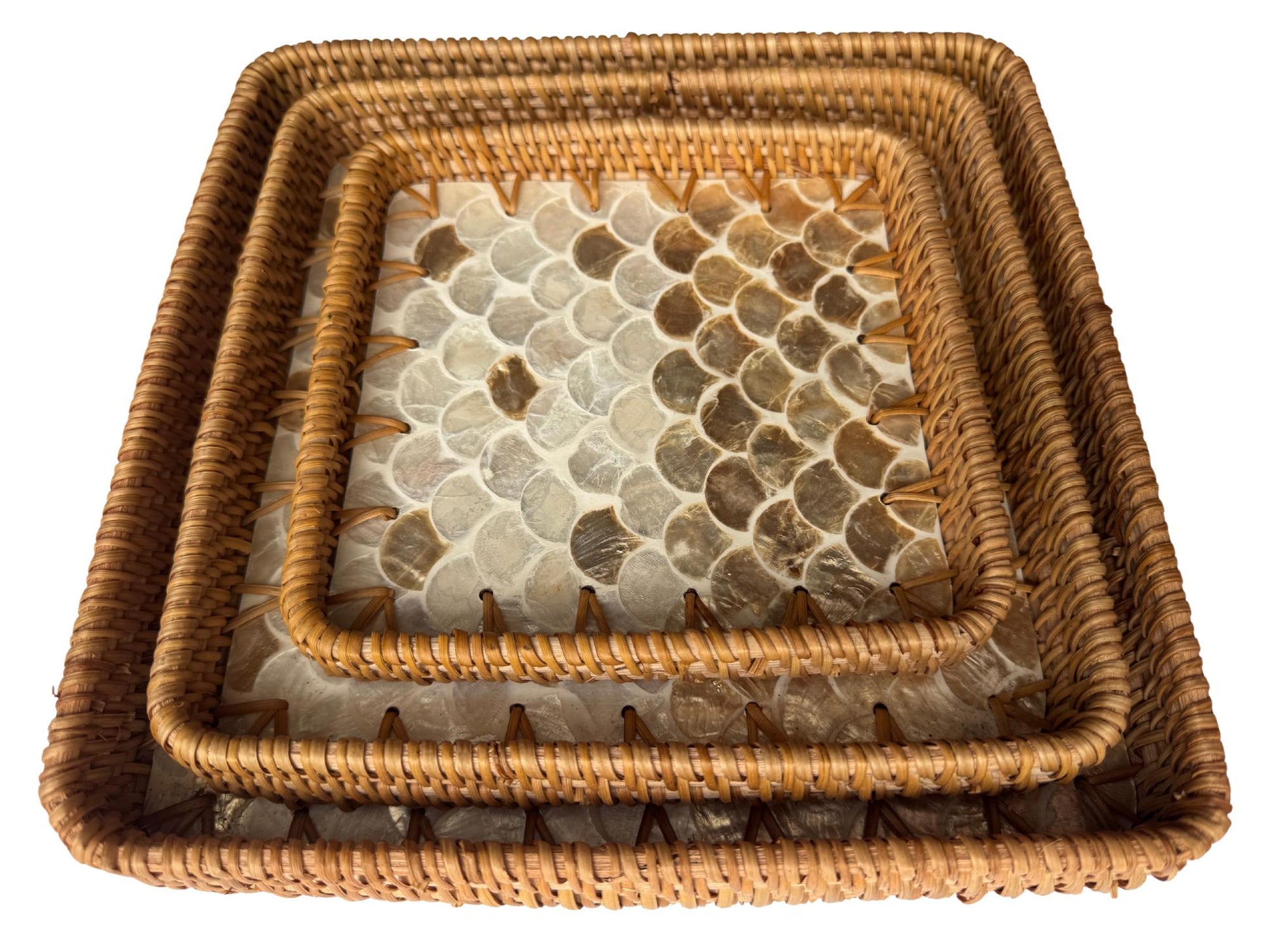 Square Rattan Tray with Mother of Pearl Inlay Base, Handmade Woven Serving Tray, Boho Coastal Coffee Table Decor 125