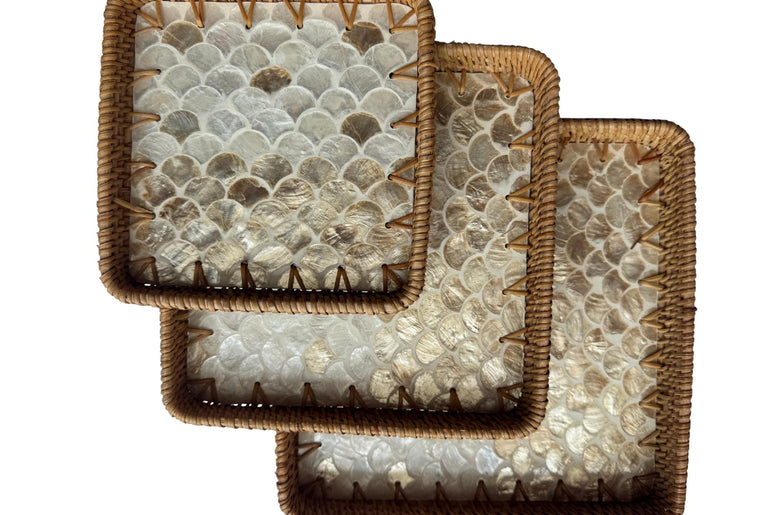 Square Rattan Tray with Mother of Pearl Inlay Base, Handmade Woven Serving Tray, Boho Coastal Coffee Table Decor 125