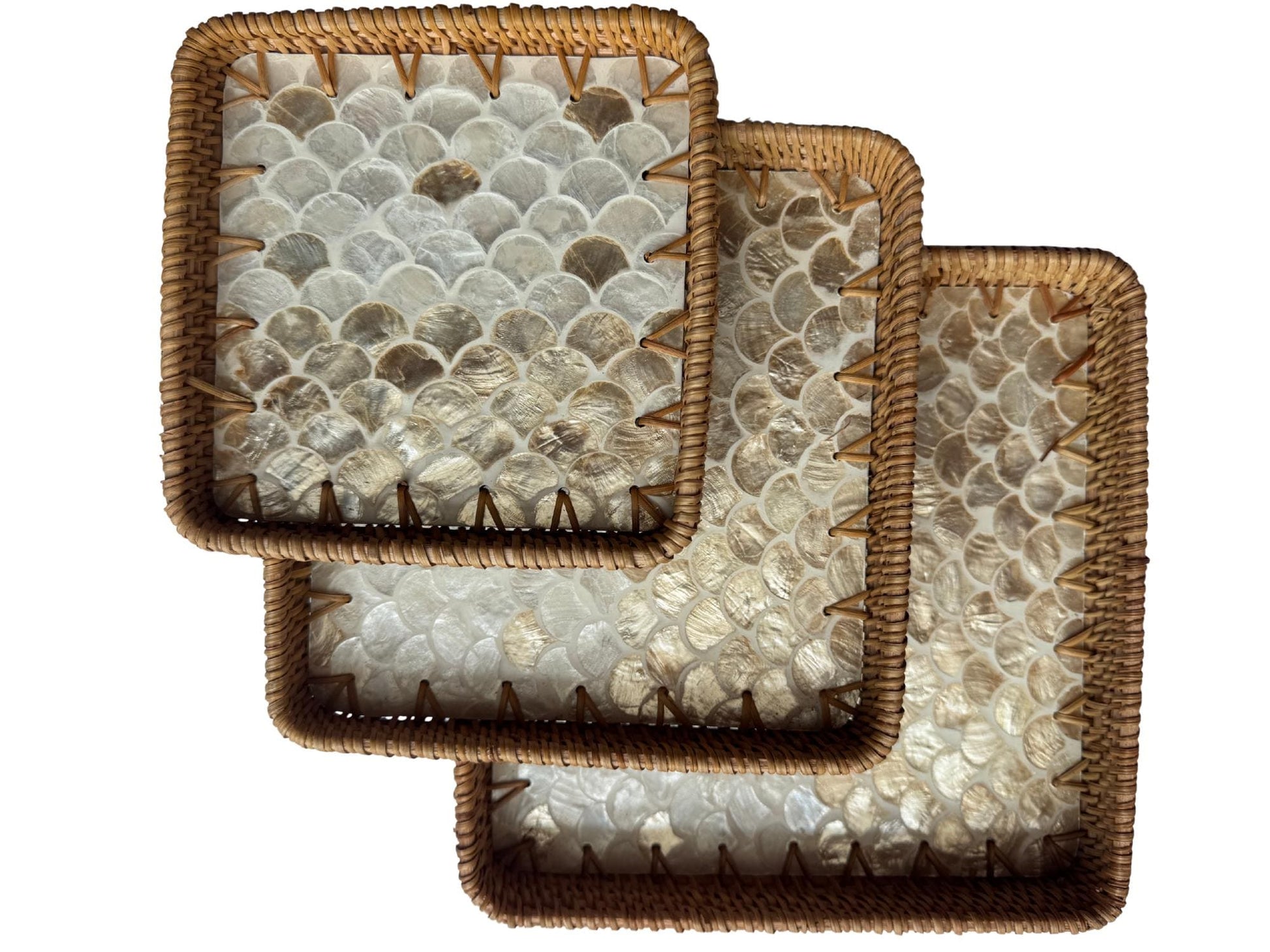 Square Rattan Tray with Mother of Pearl Inlay Base, Handmade Woven Serving Tray, Boho Coastal Coffee Table Decor 125