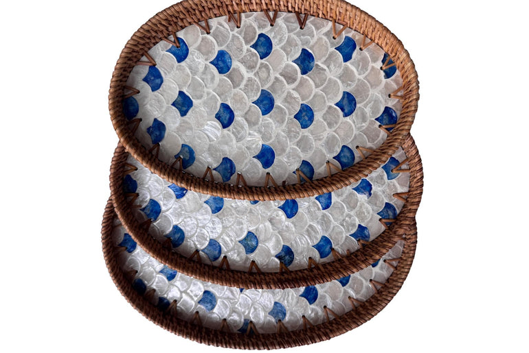 Oval Rattan Tray with Mother of Pearl Inlay - Boho Coffee Table, Ottoman Styling, Serving 119