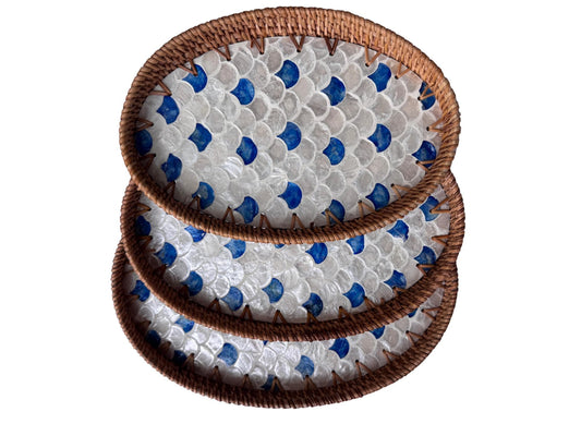 Oval Rattan Tray with Mother of Pearl Inlay - Boho Coffee Table, Ottoman Styling, Serving 119
