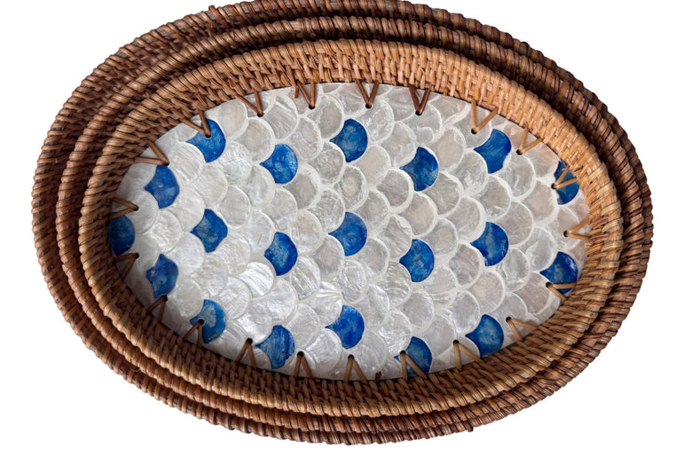 Oval Rattan Tray with Mother of Pearl Inlay - Boho Coffee Table, Ottoman Styling, Serving 119