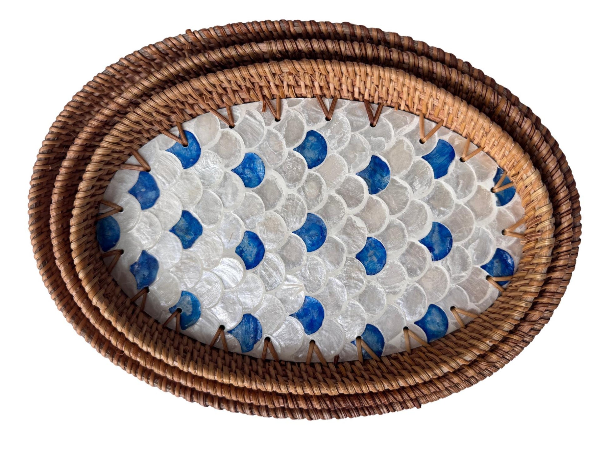 Oval Rattan Tray with Mother of Pearl Inlay - Boho Coffee Table, Ottoman Styling, Serving 119