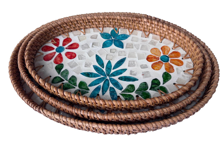 Oval Rattan Tray with Mother of Pearl Inlay - Boho Coffee Table Ottoman Styling Serving 122