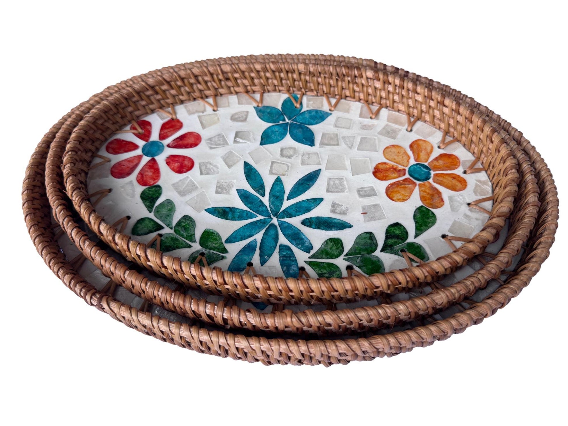 Oval Rattan Tray with Mother of Pearl Inlay - Boho Coffee Table Ottoman Styling Serving 122