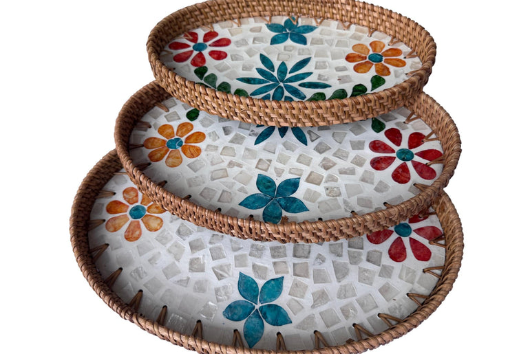 Oval Rattan Tray with Mother of Pearl Inlay - Boho Coffee Table Ottoman Styling Serving 122