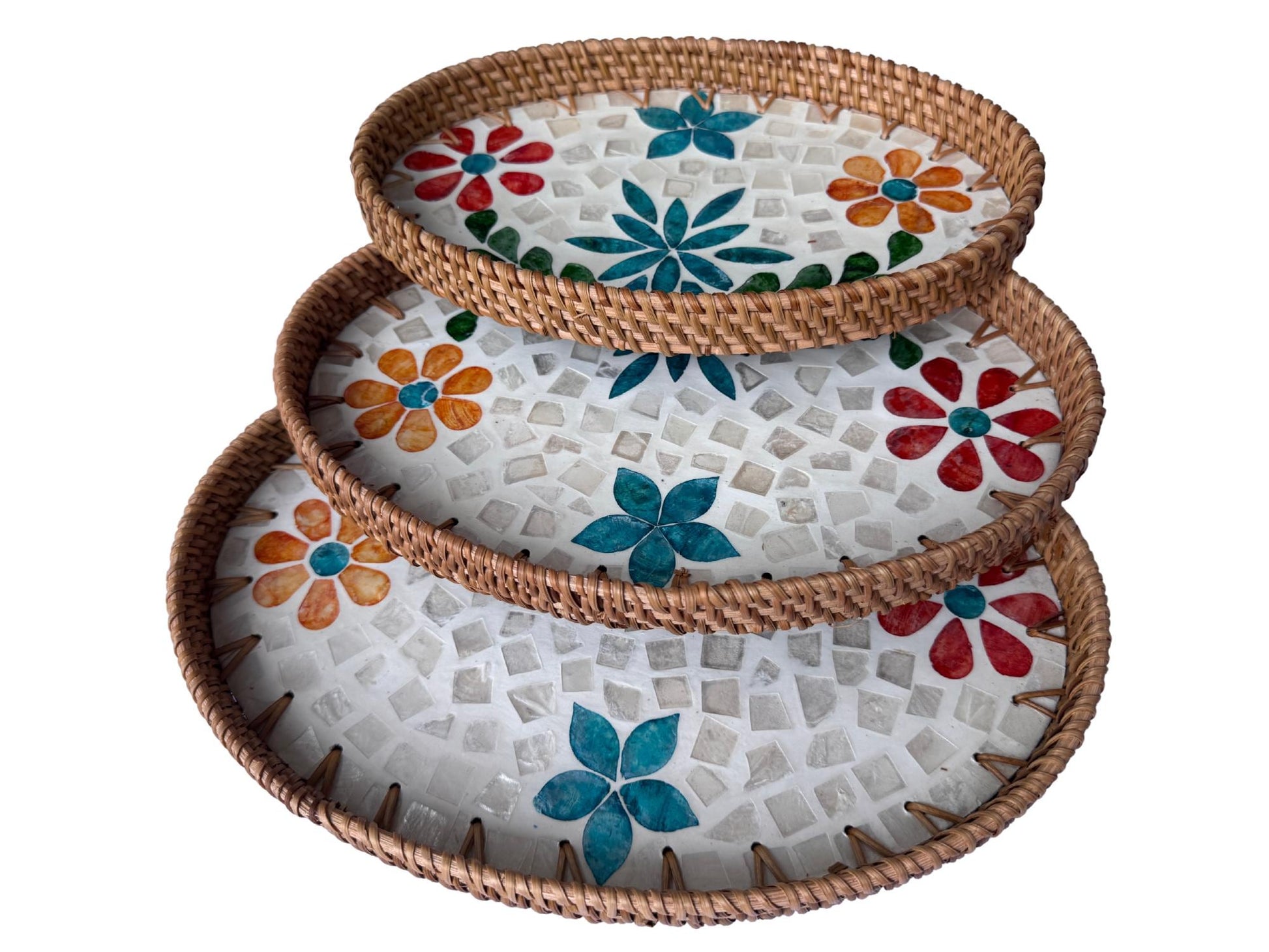 Oval Rattan Tray with Mother of Pearl Inlay - Boho Coffee Table Ottoman Styling Serving 122