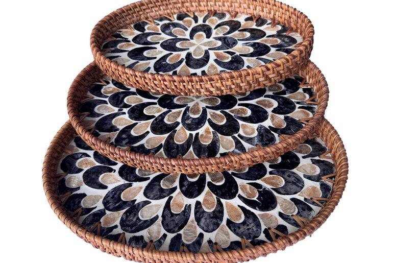 Oval Rattan Tray with Mother of Pearl Inlay - Boho Coffee Table, Ottoman Styling, Serving 103