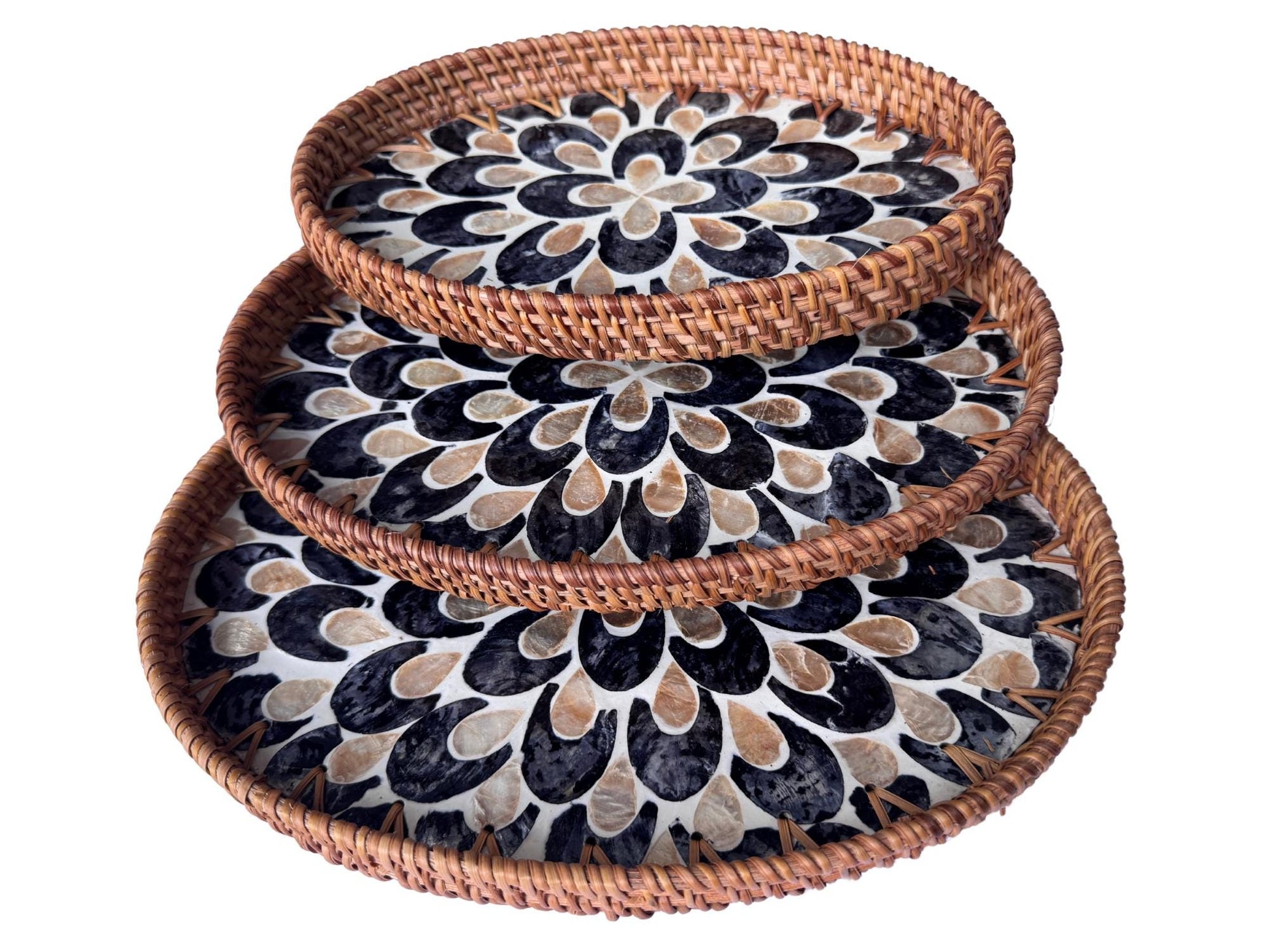 Oval Rattan Tray with Mother of Pearl Inlay - Boho Coffee Table, Ottoman Styling, Serving 103