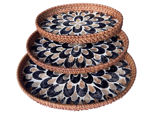 Oval Rattan Tray with Mother of Pearl Inlay - Boho Coffee Table, Ottoman Styling, Serving 103