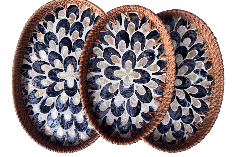 Oval Rattan Tray with Mother of Pearl Inlay - Boho Coffee Table, Ottoman Styling, Serving 103