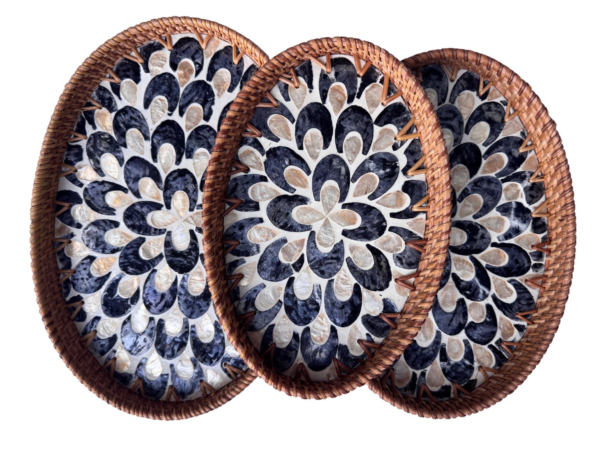 Oval Rattan Tray with Mother of Pearl Inlay - Boho Coffee Table, Ottoman Styling, Serving 103