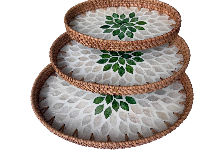 Oval Rattan Tray with Mother of Pearl Inlay - Boho Coffee Table Ottoman Styling, Handmade Vietnam 102
