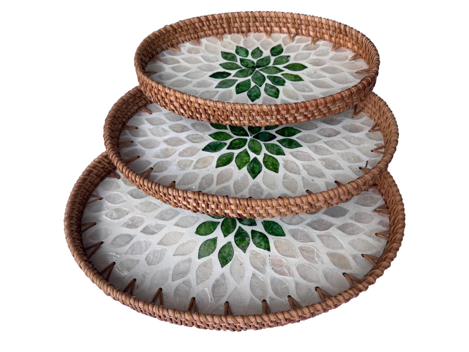 Oval Rattan Tray with Mother of Pearl Inlay - Boho Coffee Table Ottoman Styling, Handmade Vietnam 102