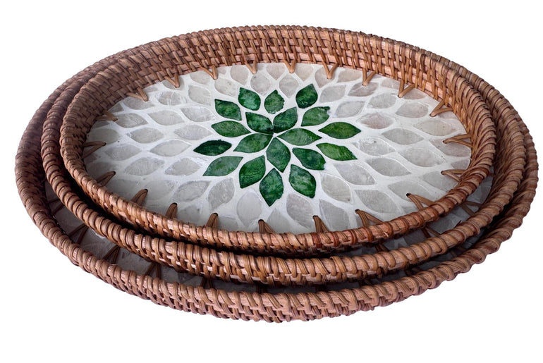 Oval Rattan Tray with Mother of Pearl Inlay - Boho Coffee Table Ottoman Styling, Handmade Vietnam 102