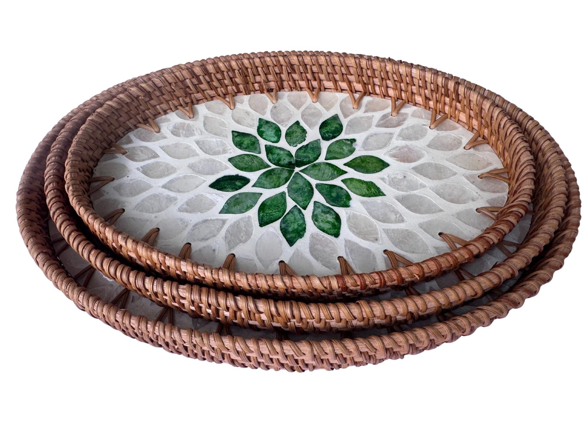 Oval Rattan Tray with Mother of Pearl Inlay - Boho Coffee Table Ottoman Styling, Handmade Vietnam 102