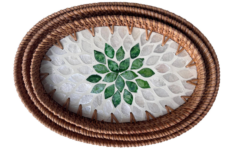 Oval Rattan Tray with Mother of Pearl Inlay - Boho Coffee Table Ottoman Styling, Handmade Vietnam 102