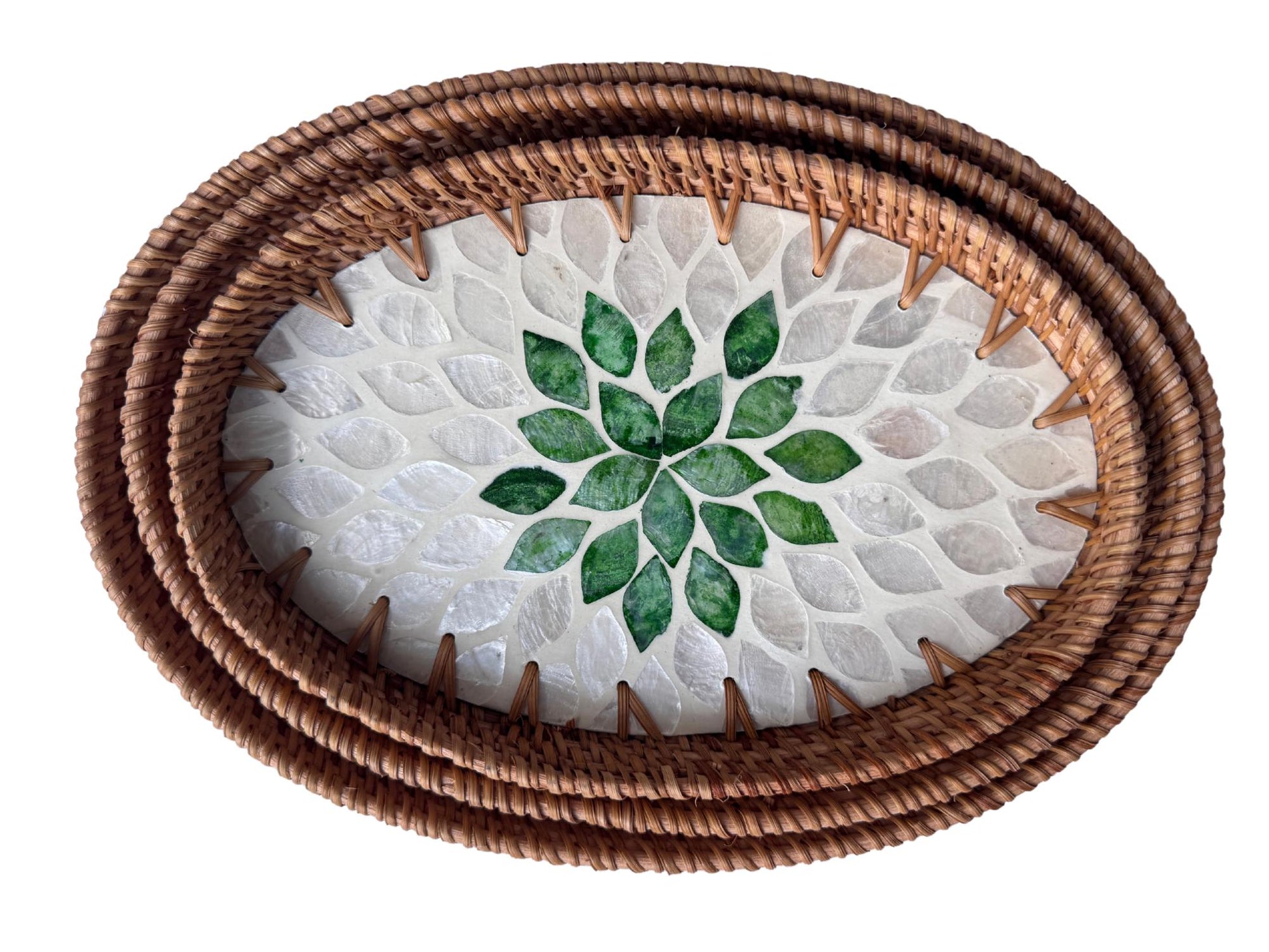 Oval Rattan Tray with Mother of Pearl Inlay - Boho Coffee Table Ottoman Styling, Handmade Vietnam 102