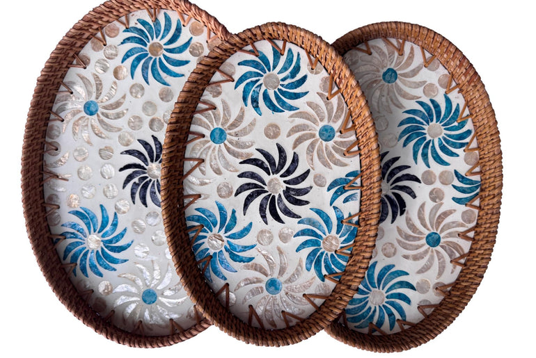 Oval Rattan Tray with Mother of Pearl Inlay - Coffee Table Ottoman Styling, Handmade Vietnam 121