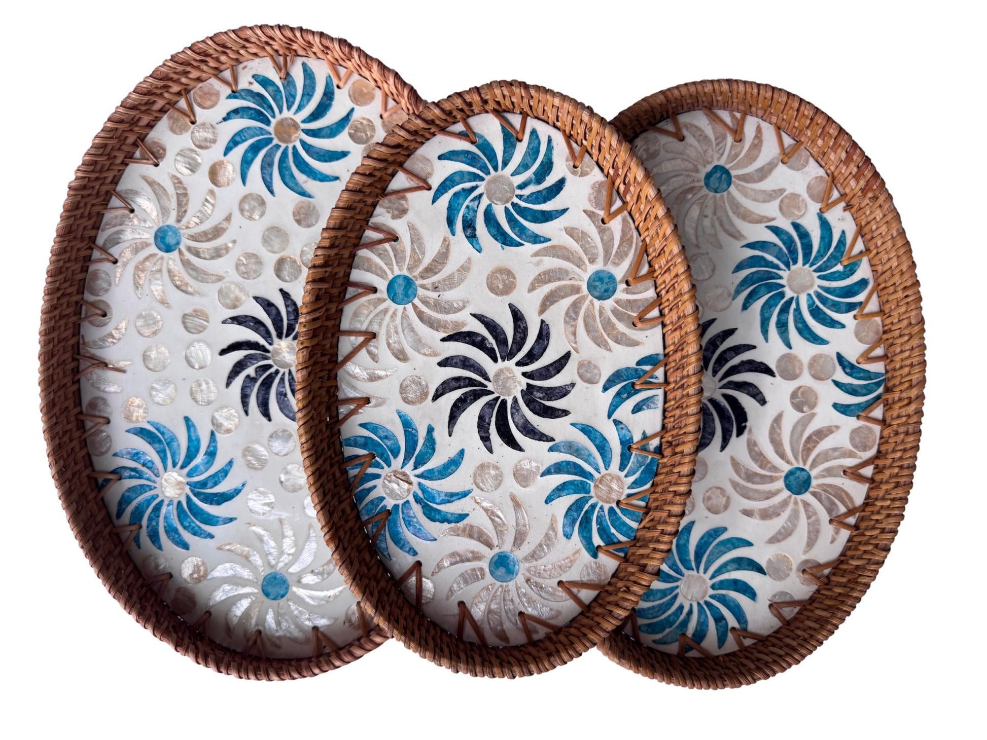 Oval Rattan Tray with Mother of Pearl Inlay - Coffee Table Ottoman Styling, Handmade Vietnam 121