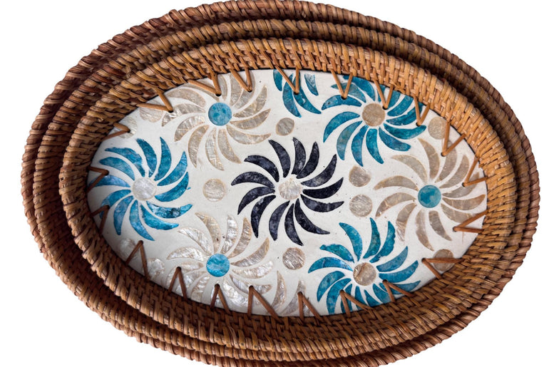 Oval Rattan Tray with Mother of Pearl Inlay - Coffee Table Ottoman Styling, Handmade Vietnam 121