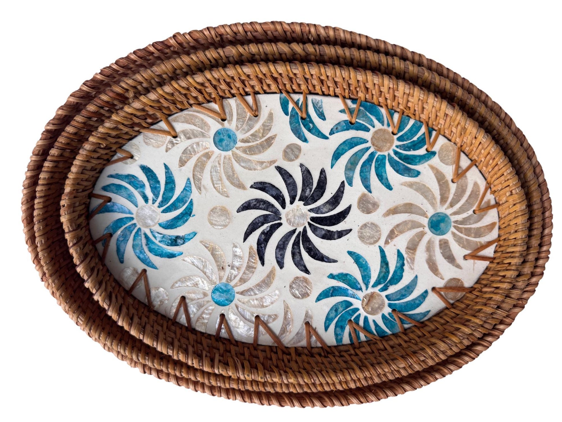 Oval Rattan Tray with Mother of Pearl Inlay - Coffee Table Ottoman Styling, Handmade Vietnam 121