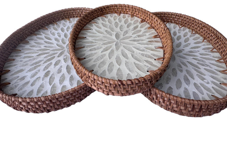 Oval Rattan Tray with Mother of Pearl Inlay - Boho Coffee Table Ottoman Styling Serving 120