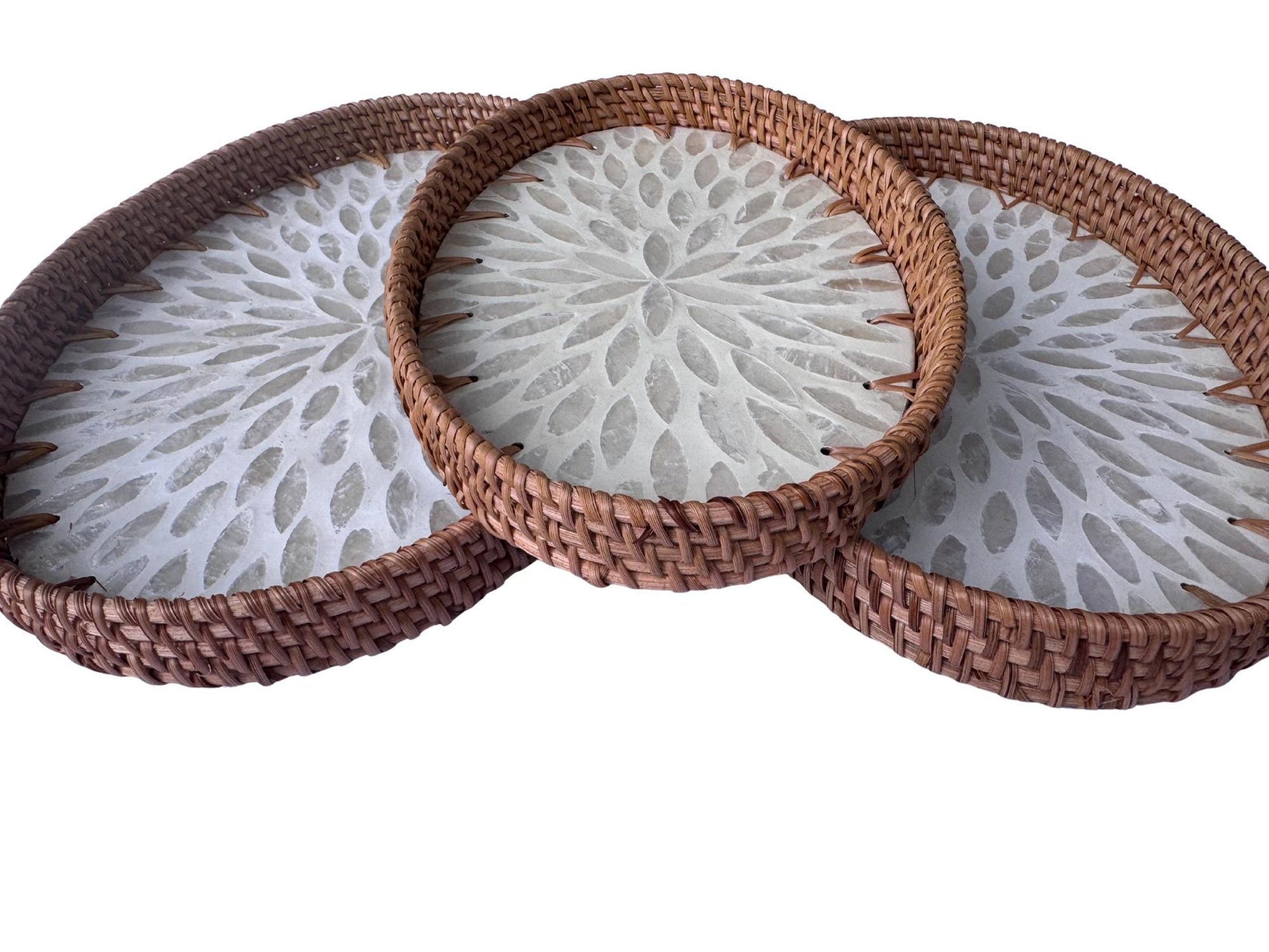 Oval Rattan Tray with Mother of Pearl Inlay - Boho Coffee Table Ottoman Styling Serving 120