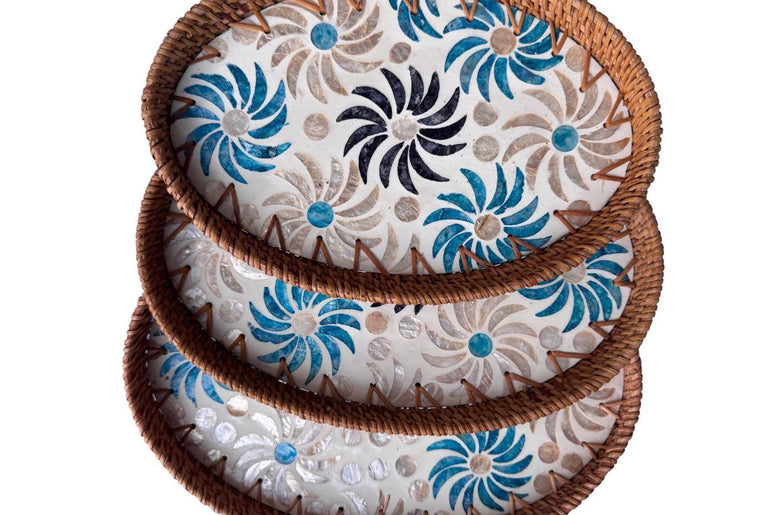 Oval Rattan Tray with Mother of Pearl Inlay - Coffee Table Ottoman Styling, Handmade Vietnam 121