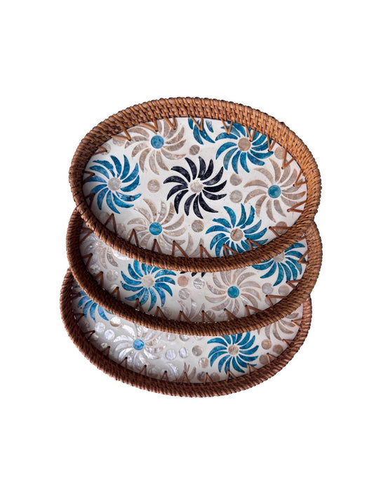 Oval Rattan Tray with Mother of Pearl Inlay - Coffee Table Ottoman Styling, Handmade Vietnam 121