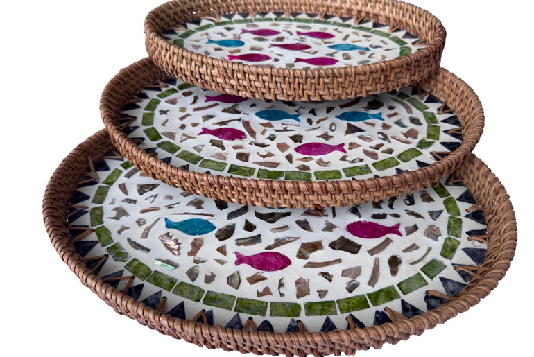 Oval Rattan Tray with Mother of Pearl Inlay - Boho Coffee Table, Ottoman Styling, Serving 118