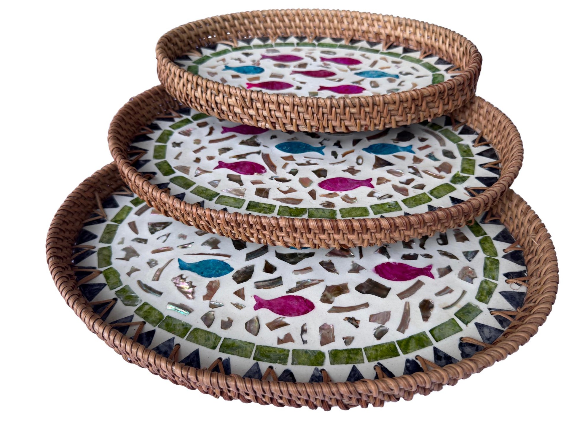 Oval Rattan Tray with Mother of Pearl Inlay - Boho Coffee Table, Ottoman Styling, Serving 118