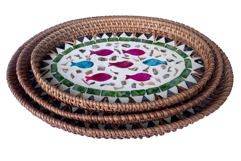 Oval Rattan Tray with Mother of Pearl Inlay - Boho Coffee Table, Ottoman Styling, Serving 118