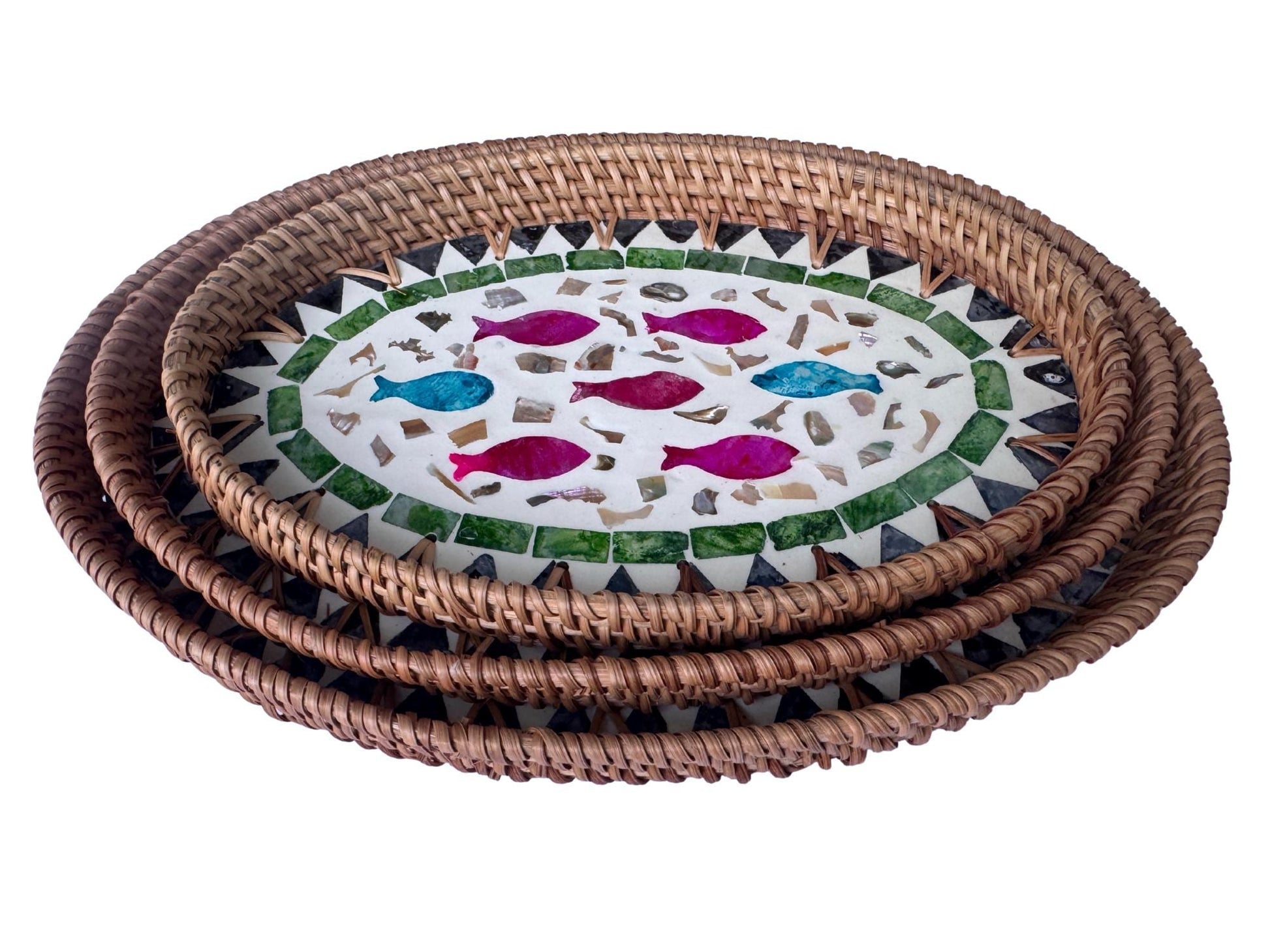Oval Rattan Tray with Mother of Pearl Inlay - Boho Coffee Table, Ottoman Styling, Serving 118
