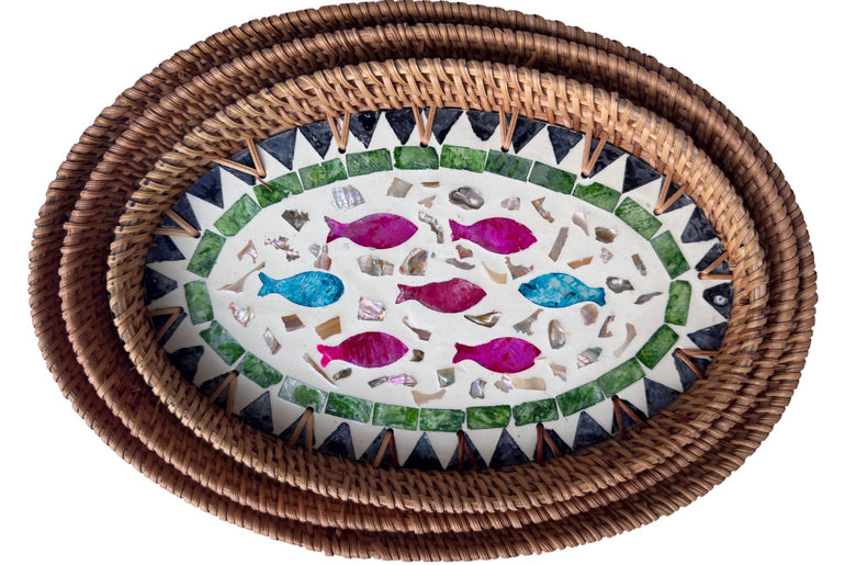 Oval Rattan Tray with Mother of Pearl Inlay - Boho Coffee Table, Ottoman Styling, Serving 118