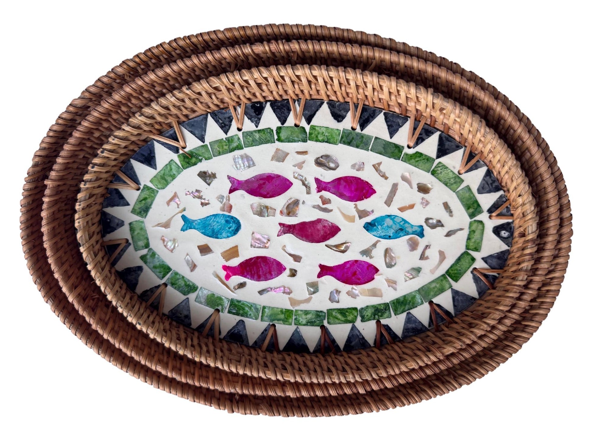 Oval Rattan Tray with Mother of Pearl Inlay - Boho Coffee Table, Ottoman Styling, Serving 118