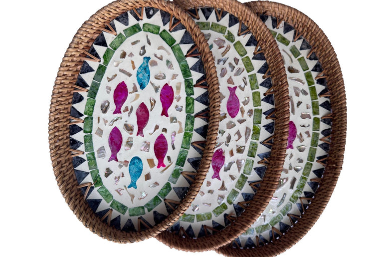 Oval Rattan Tray with Mother of Pearl Inlay - Boho Coffee Table, Ottoman Styling, Serving 118